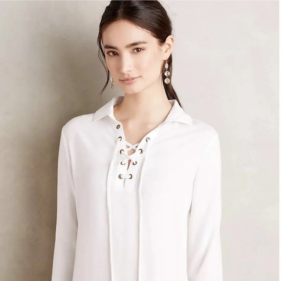 Cloth & Stone Anthropologie Loose Fit White Long Sleeve Lace Up Tunic Size Small - Picture 1 of 10